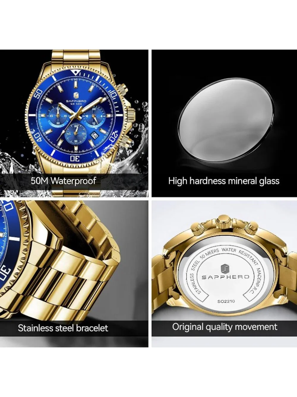 Men's Gold Strap Blue Face Chronograph Stainless Steel Waterproof Wrist Watch